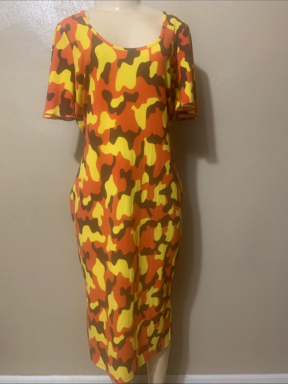 Ashley Stewart 14/16 Yellow & Orange Camo Midi Dress NWT